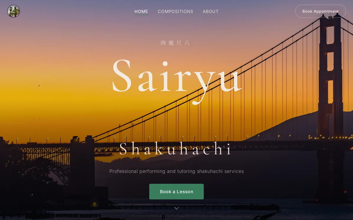 Screenshot of the Sairyu Shakuhachi homepage, featuring the Golden Gate Bridge at sunset
